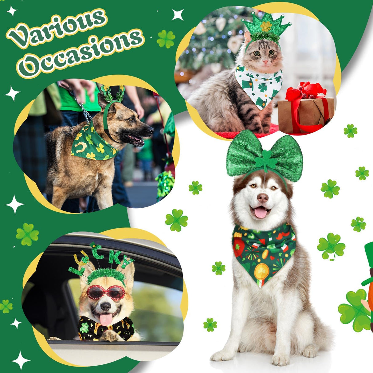 Wavwavw 18 Pcs St Patricks Day Dog Headband Green Shamrock Dog Bandanas Costume Buffalo Plaid Triangle Pet Scarf Adjustable Head Bopper Holiday Pet Costume Accessories for Dogs Puppy Cats Outfit Decor