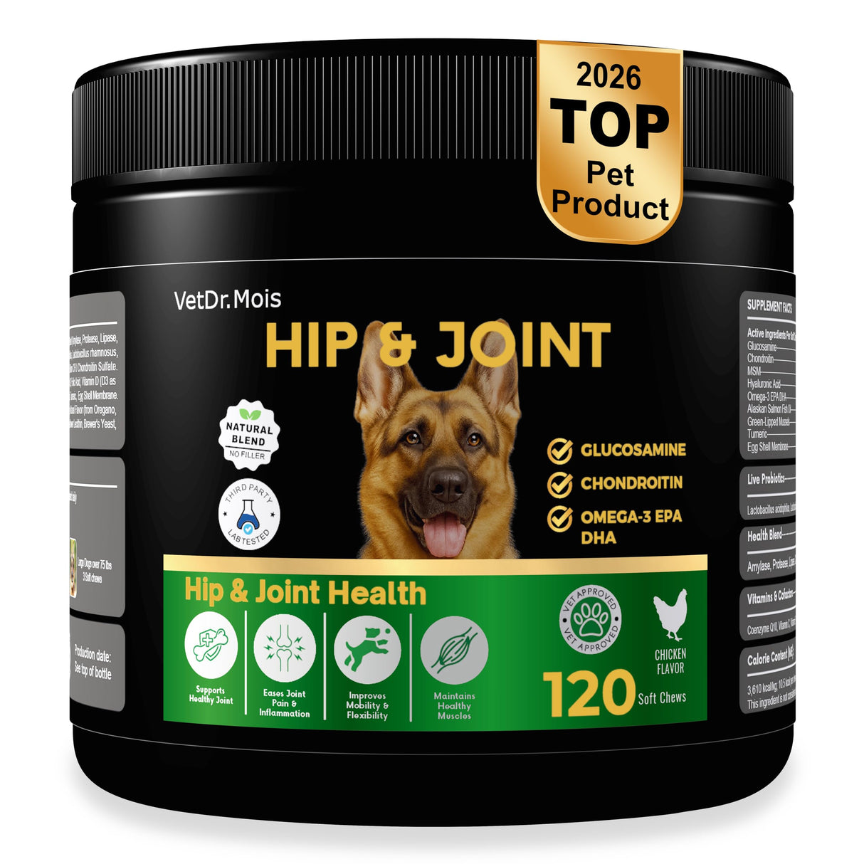 Dog Hip & Joint Supplement Chews with Glucosamine & Chondroitin – Joint Support for Senior & Large Breed Dogs, Helps Mobility & Flexibility – 120 Ct