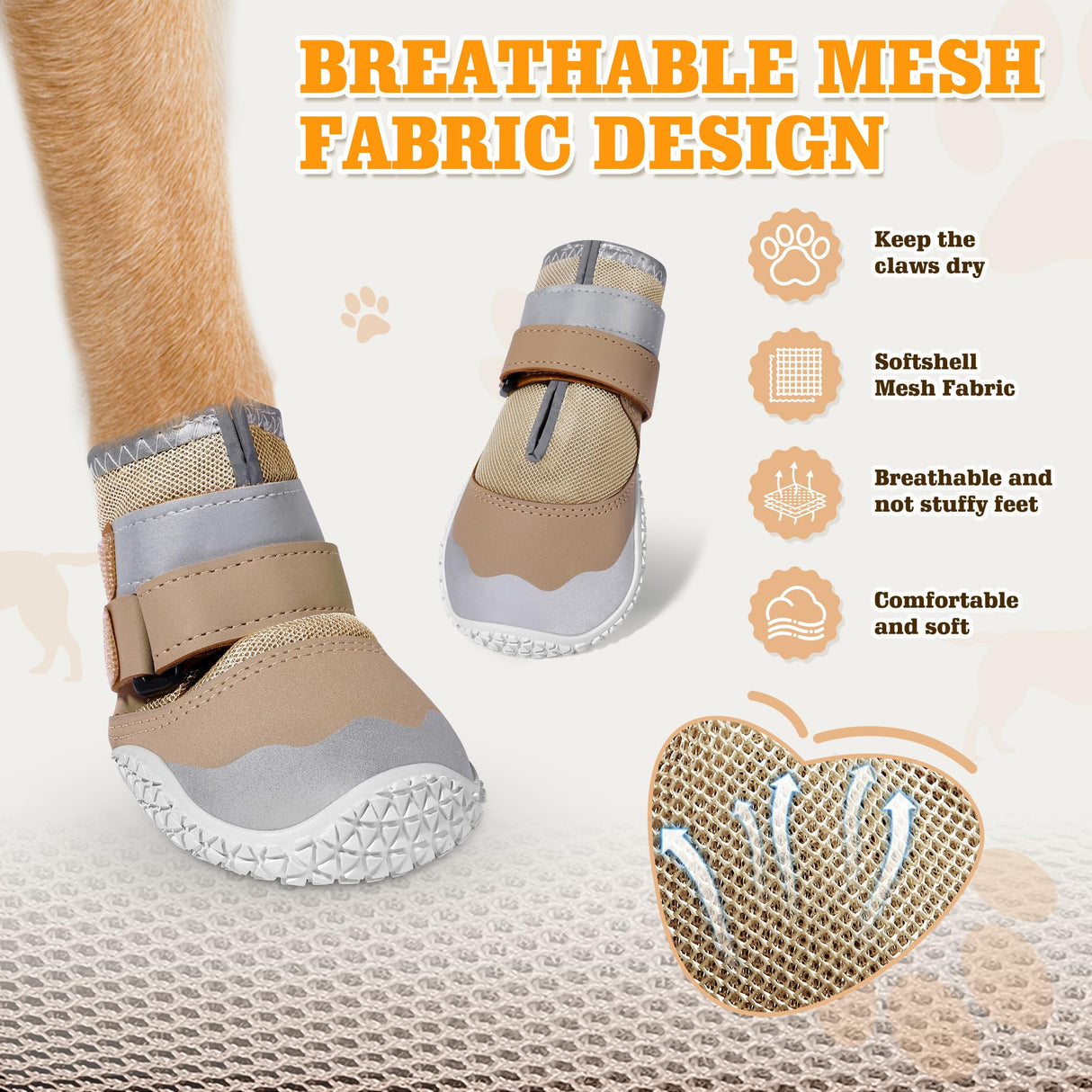 DcOaGt Dog Shoes Small Size Dogs,Mesh Breathable Dog Boots & Paw Protectors for Hot Pavement Summer Winter Snow, 360°Anti-Slip Dog Booties with Reflective Strips for Hiking/Walking,Khaki 4PCS(Size 3)