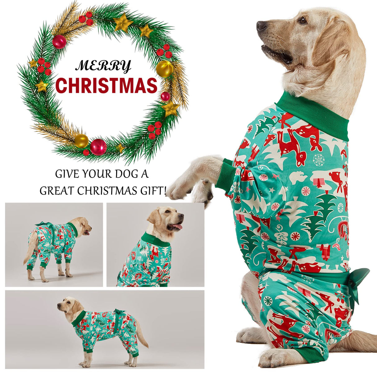 LovinPet Large Dog Christmas Pajamas for Dogs - Shirts for Big Dogs Xmas Holiday Costume Lightweight Pullover, Christmas Critters Aqua Prints Large Dog Pjs, Pitbull Dog Onesie, Pitbull Onesie, 2XL
