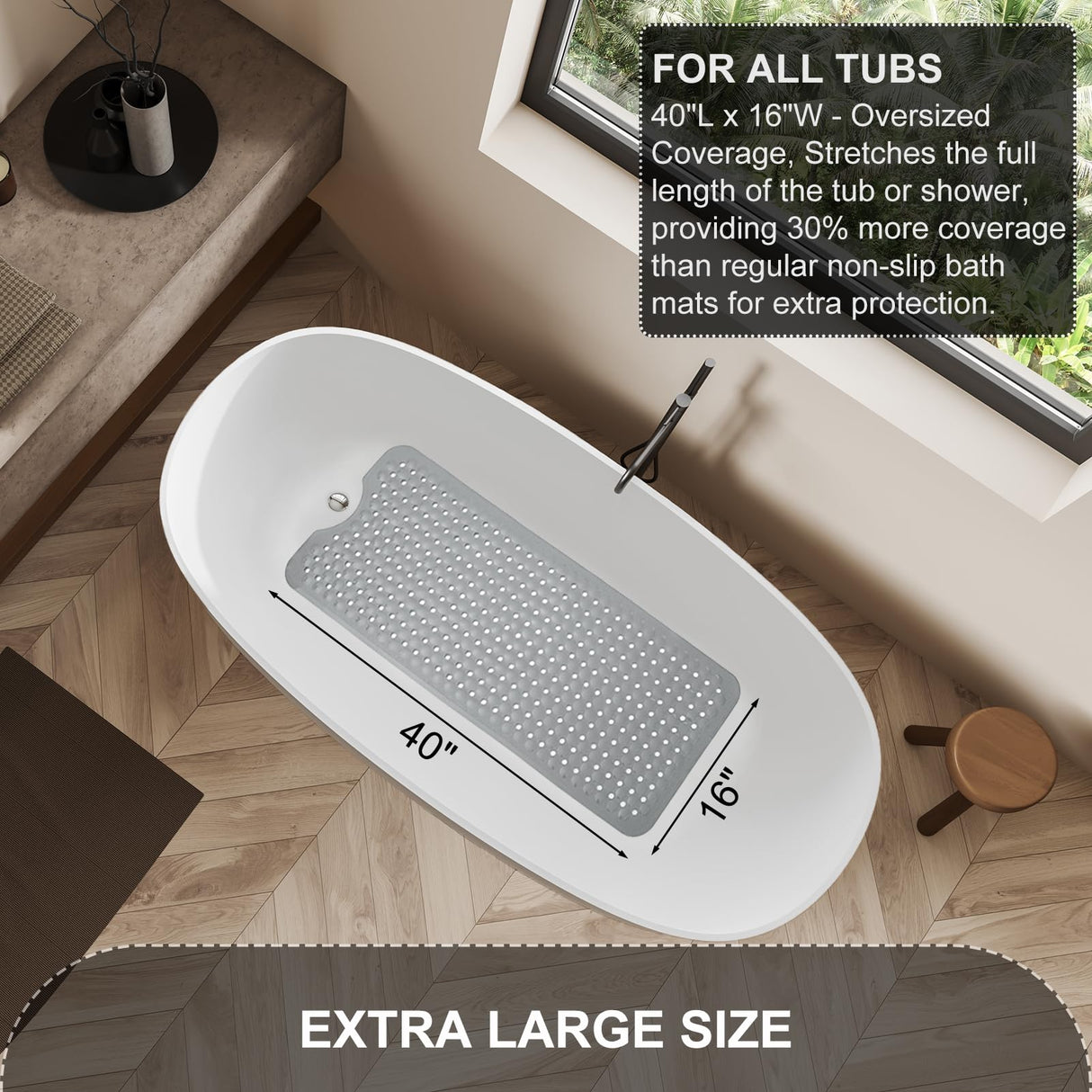 Bath Tub and Shower Mats, Non Slip 40 x 16 Inch Extra Large Bathtub Mat, Machine Washable Bathmat with Drain Holes, Suction Cups for Bathroom Floor, Gray