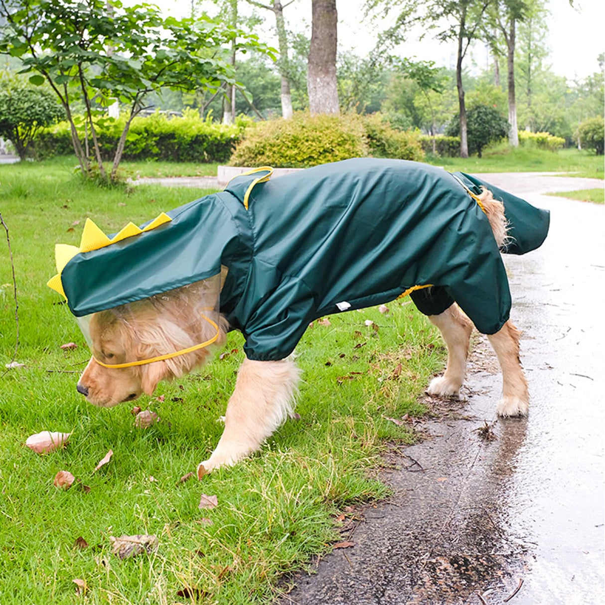 HDKUW Large Dog Raincoat with Leash Hole, Full Coverage Slicker Dog Rain Coat Hoodie, Animal Shape Waterproof Jacket for Small Medium Large Dogs Dinosaur 4XL