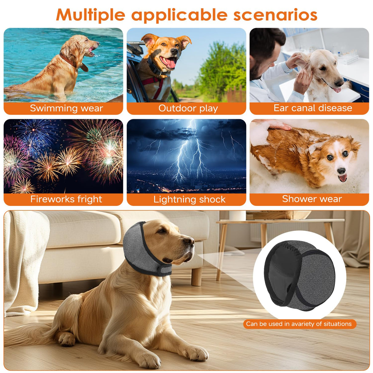 Dog Ear Muffs for Noise Protection & Bath, NoShake Ear Wrap for Hematoma, Drying & NoiseAnxiety Relief - Elastic Waterproof Dog EarProtector with Calming Cover Design for Grooming (Grey, Medium)