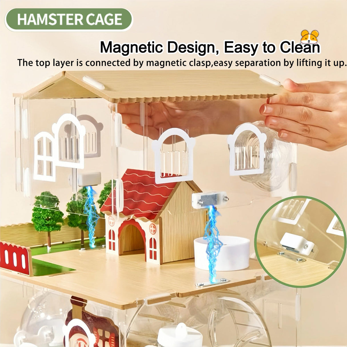 12 in 1 Clear Acrylic Hamster Cage with All Accessories,13.5''L* 10''W* 15''H Dwarf Hamster Cage,Magnetic Connection Small Hamster Enclosure,Garden Style Wooden Mouse Cage for Pet Mice(2-Layer,Green)