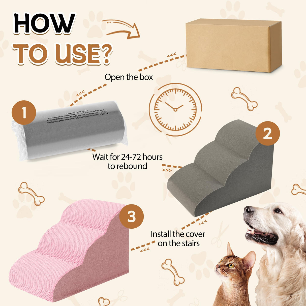 Romrol Dog Stairs Ramp for High Beds Couches, High Density Foam Pet Steps with Durable Non-Slip Waterproof Fabric Cover, Dog Stairs for Small Dogs or Cats or Pets, 3-Step,15 Inch,Pink