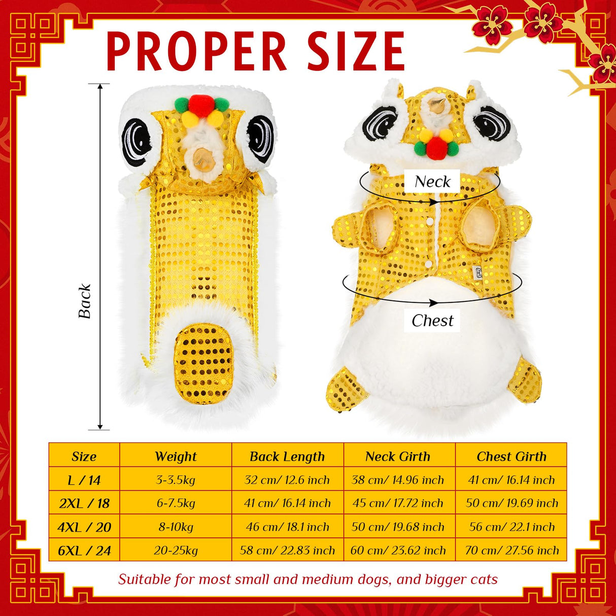 LEIFIDE Lion Dance Dog Costume Chinese New Year Pet Costume with Sequins Chinese Lion Dance Cloth Dog Clothes Hoodies Coat for pet New Year Spring Festival Dress up(2X-Large,Gold)