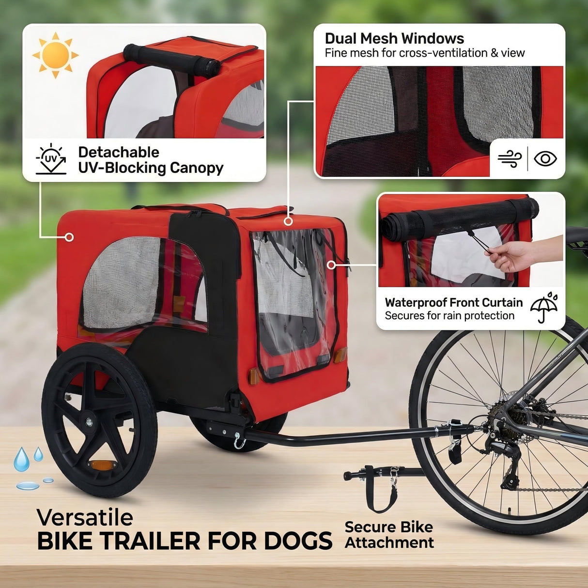 Heavy Duty Dog Bike Trailer with 16" All-Terrain Wheels & Universal Hitch, Foldable Pet/Cargo Carrier for Bicycles, Camping, Hiking (Red)