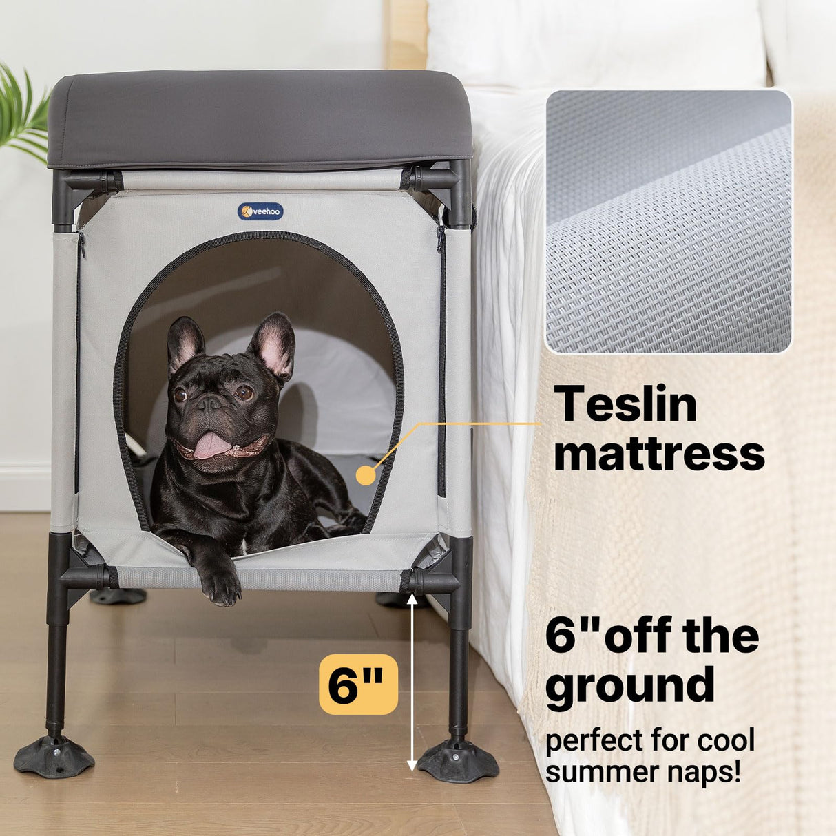 Veehoo Dog Bunk Bed, Dog Beds Attachment to Human Bed, Bedside Dogs Cot for Small, Medium Cats & Dogs, Pet Window Perch, Grey