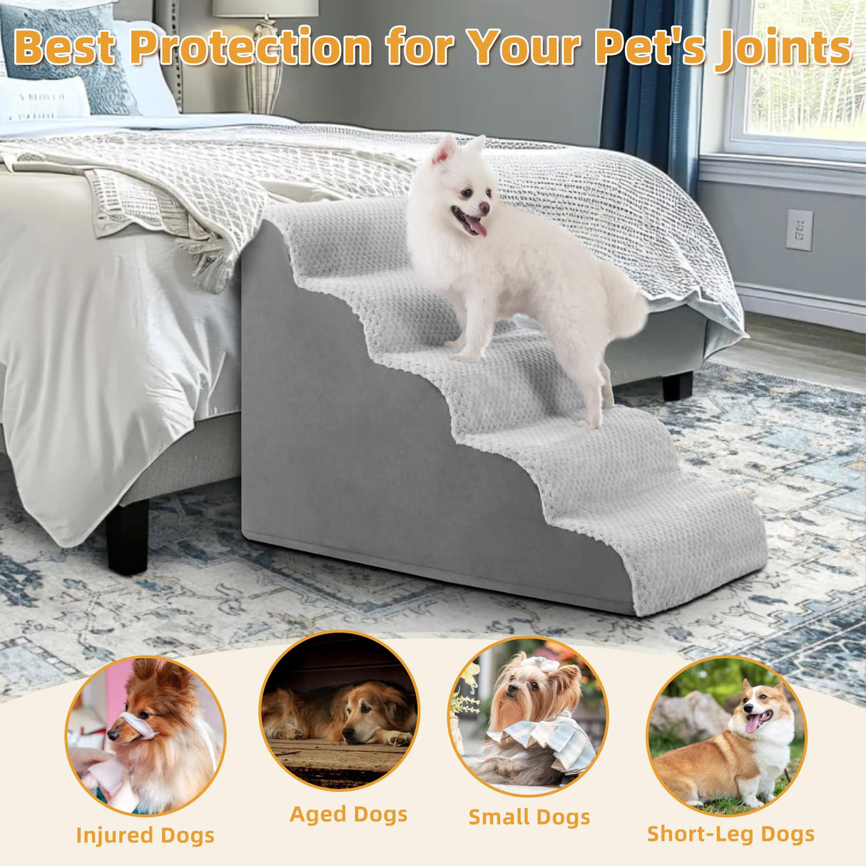 MIHIKK Dog Stairs Ramp, Curved 5-Step Dog Steps for Small Dogs and Cats, Pet Stairs for High Beds and Couch with Anti-Slip Washable Cover and Durable High Density Foam, Grey