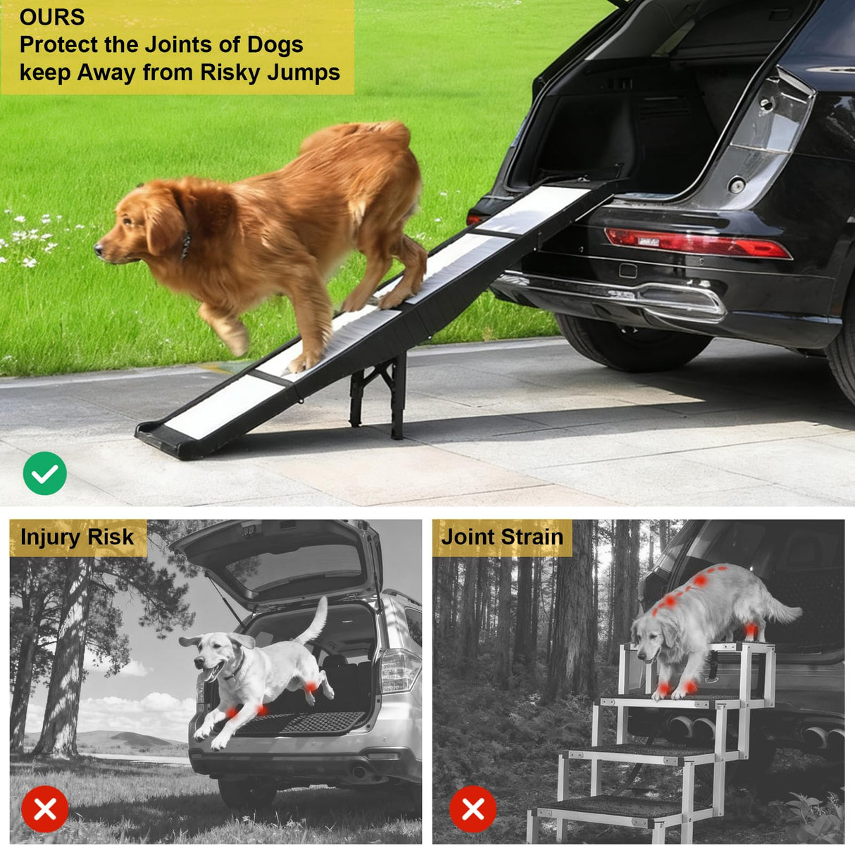BAQTALE Foldable Dog Ramp for Cars – 68.89" L x 15.74" W, Supports 220 lbs, 8 Adjustable Heights with Support Legs, Non-Slip Surface, Portable Pet Ramp for Large Dogs, Folds to Carry-On Size