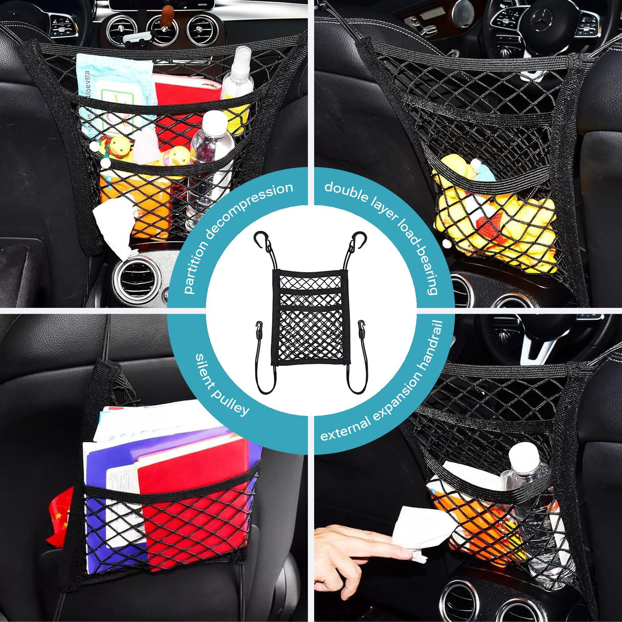 GAOSPD Dog Car Barrier Net with Storage Pockets Universal Adjustable 3-Layer Pet Cars Barrier with 4 Hooks for SUVs & Sedans Keep Pets Safe & Car Organized Cars Mesh Organizerm (M)