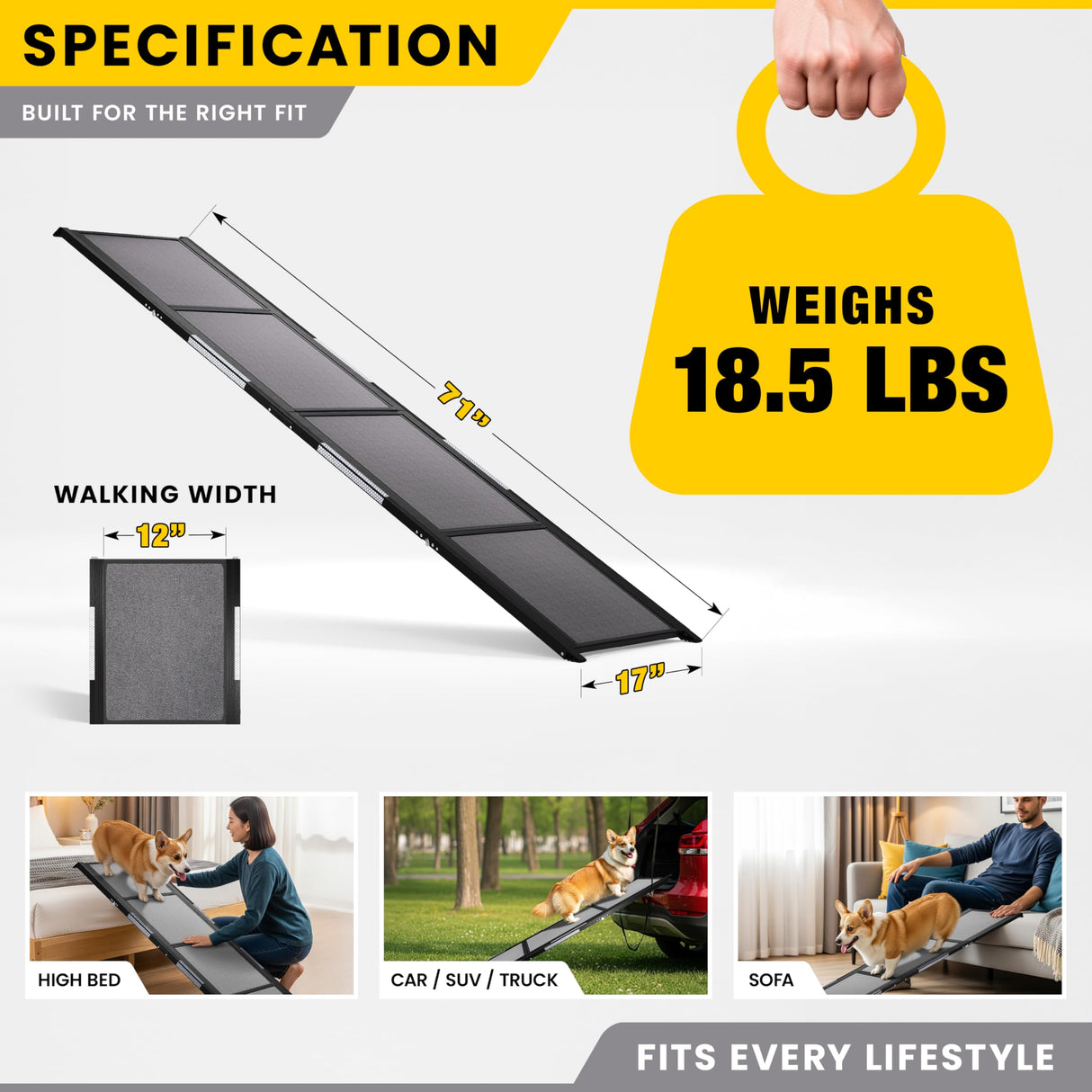 PATHOSIO PETS Portable Dog Ramp for Car – Foldable Dog Car Ramp for Truck, SUV, High Bed & Sofa with Anti-Slip Feet & Traction Carpet – Small to Large Breeds (71" Long & 17" Wide)