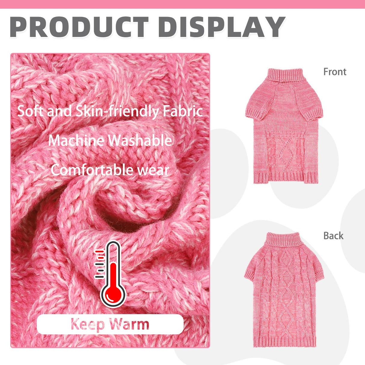 KOOLTAIL Valentines Dog Sweater for Large Medium Small Dogs,Turtleneck Cable Knitwear Pet Cold Weather Coats with Leash Hole, Warm Winter Pullover Clothes for Bulldog, Yorkie,Boy Girl, Pink M