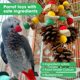 MQUPIN Parrot Toys, Nuts Nutrient-Rich Bird Toys,Natural Wooden Parrot Cage Bite Toy,Chewing Toy Containing Cuttlefish Bones,Pine Cones,Wooden Mangoes and Carambola for African Greys,Cockatoo,Budgie