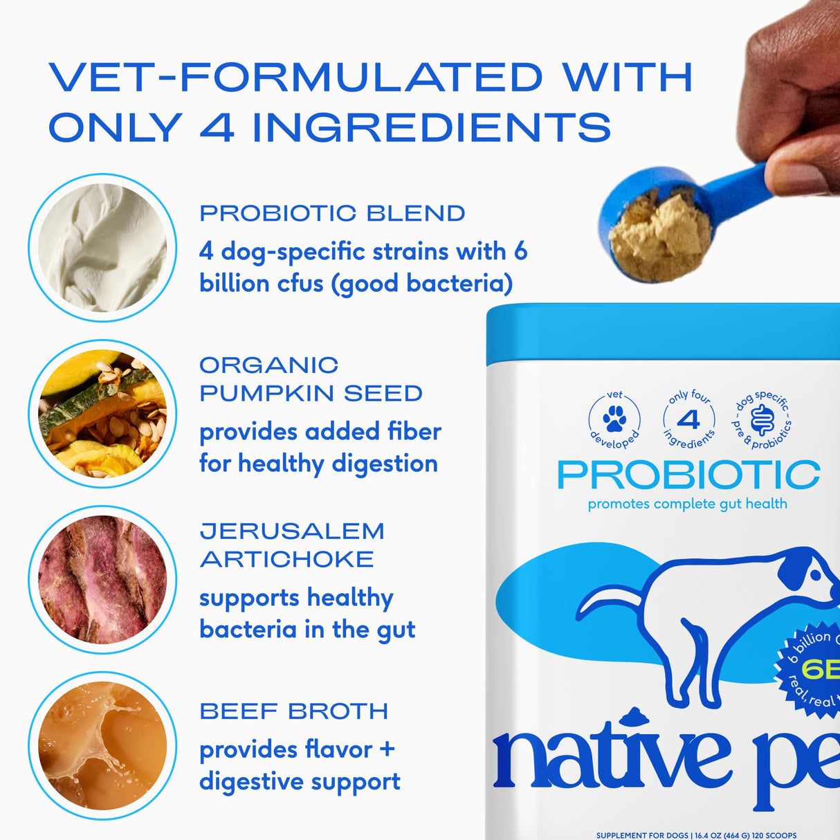 Native Pet Probiotics for Dogs - Dog Probiotics Powder for Digestive Health, Gut Support, & Immune Boost – Vet-Formulated Powder for Maximum Potency with Digestive Enzymes & Prebiotics - 30 Scoops