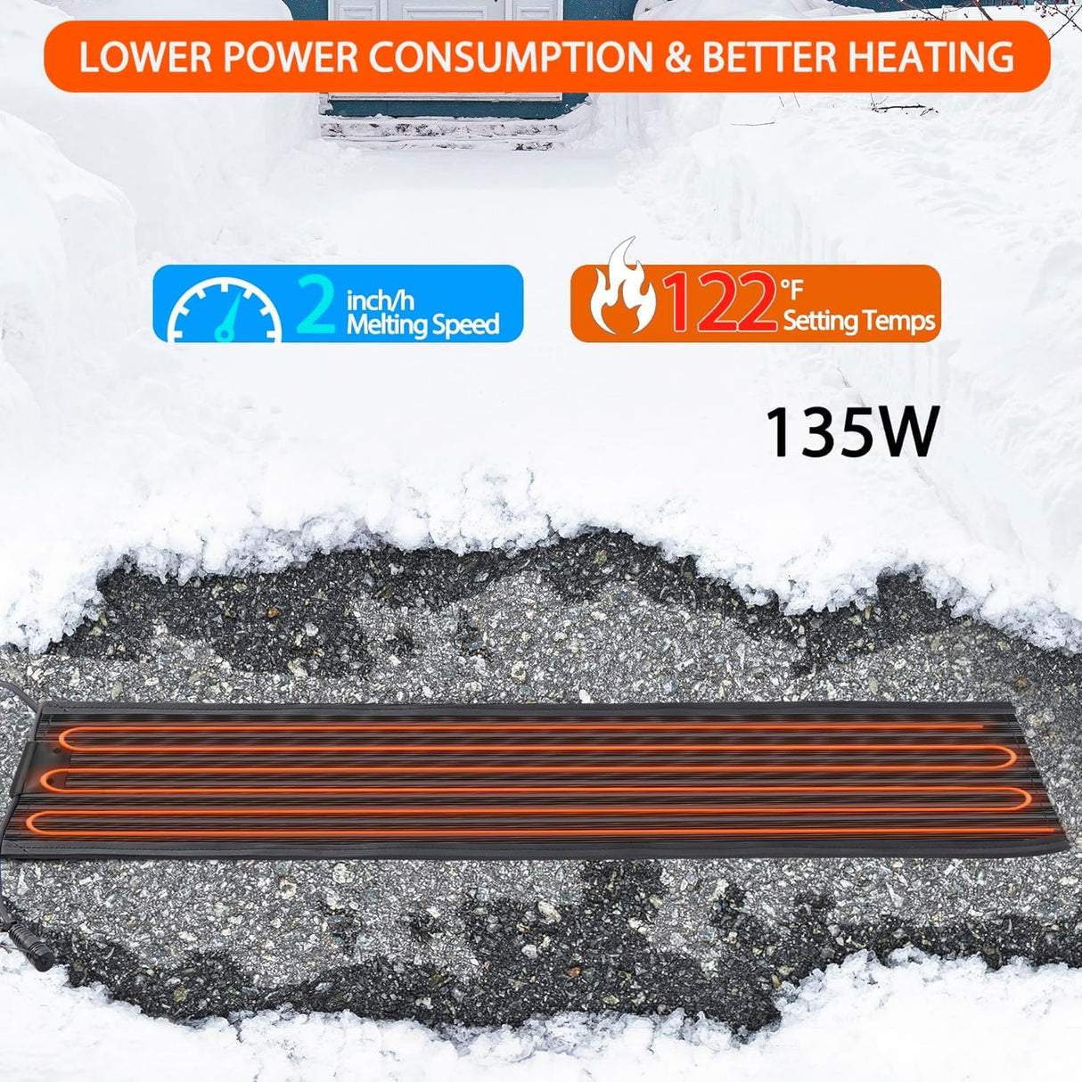 Toriexon Upgrade Snow Melting Mat Outdoor 10" x 48", 135W Snow Melting Mats w/ 9.8FT Power Cord, Non-Slip Heated Outdoor Mats w/ 9.8FT Power Cord, UL & ETL Certified, IPX5 Waterproof