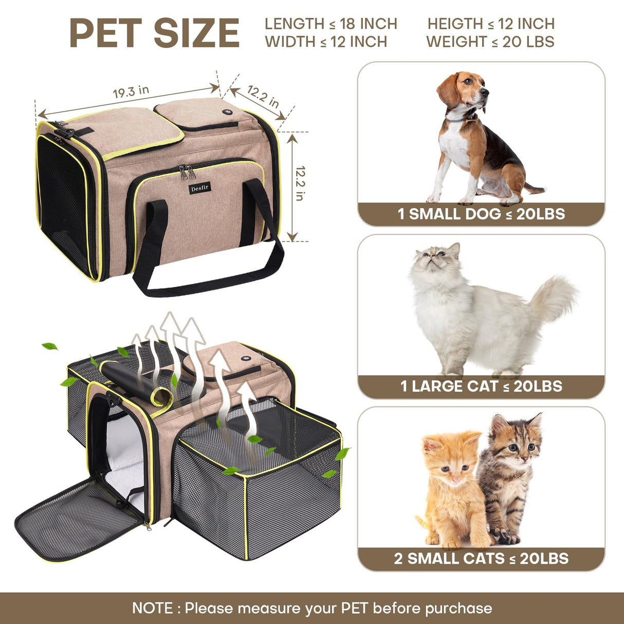 Expandable Cat & Dog Carrier, Large Expandable Collapsible Travel Bag with Safety Zippers, 3 Open Doors, Removable Fleece Pad for Puppies & Small Animals, Airline Approved (Brown)