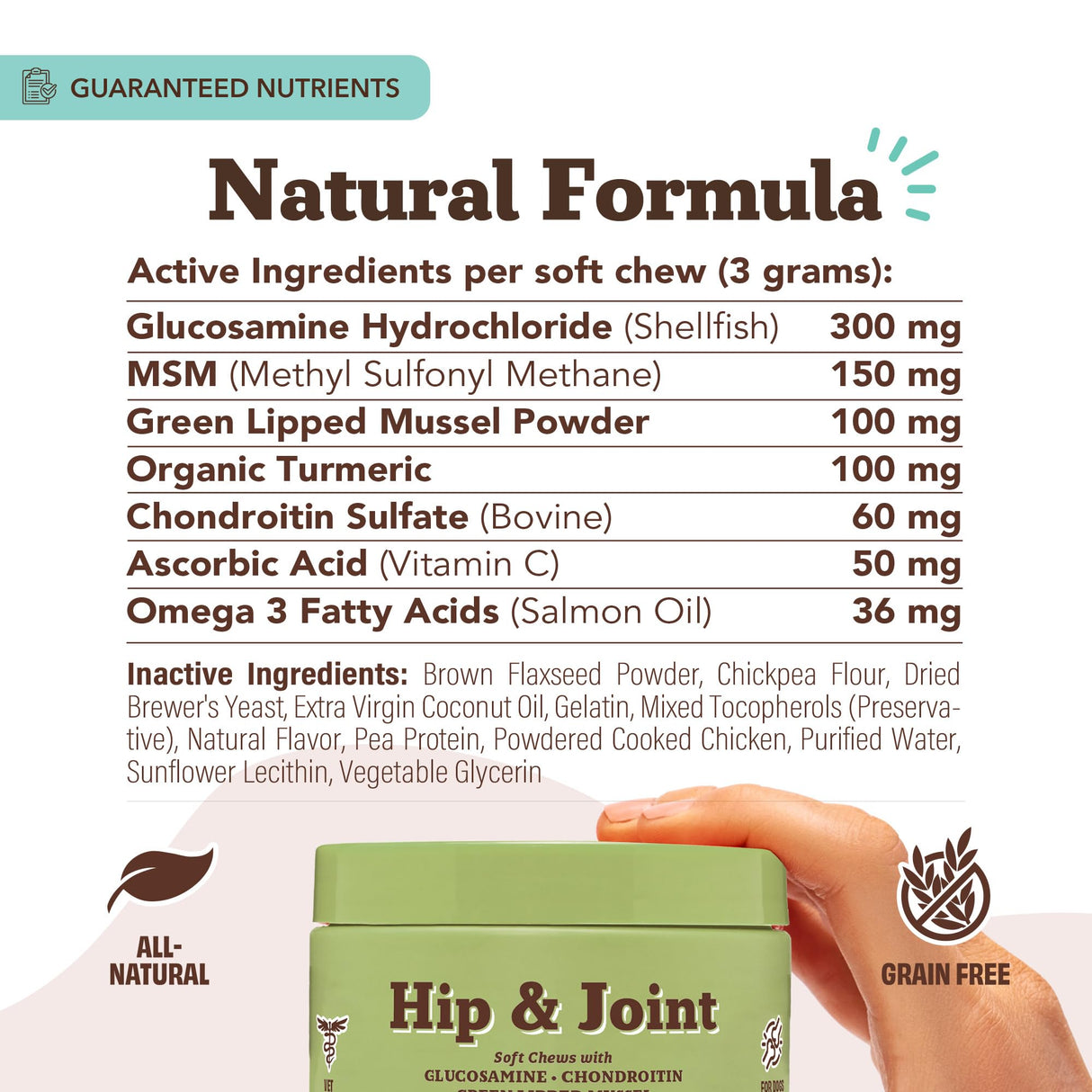 Natural Dog Company Hip & Joint Supplement for Dogs – Supports Mobility, Flexibility & Comfort, Glucosamine, Chondroitin, MSM & Turmeric, Chicken Flavor, 90 Count
