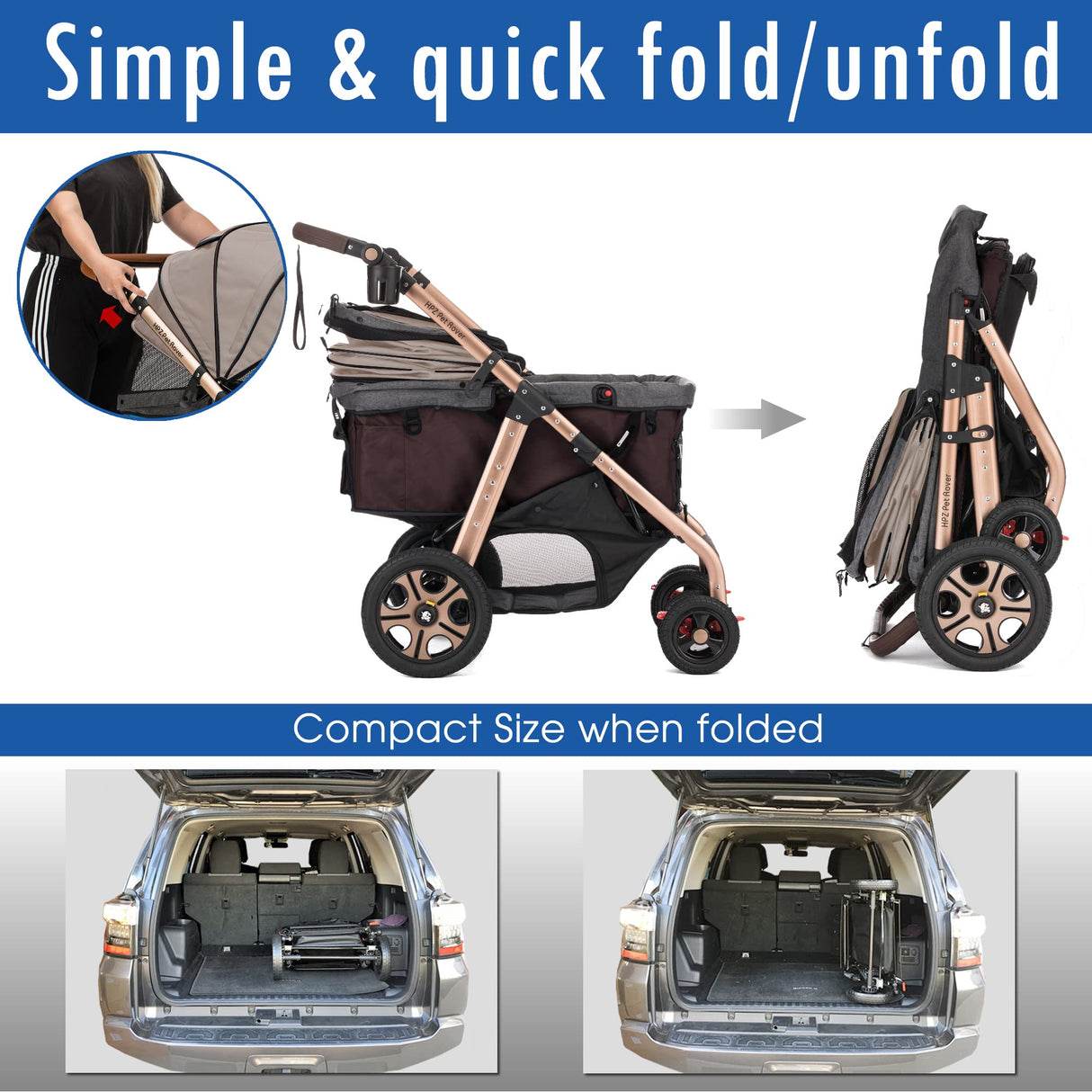 HPZ Pet Rover Titan-HD Premium Super-Sized Dog/Cat/Pet Stroller SUV Travel Carriage/w Access Ramp/100Lbs Capacity/Pumpless Rubber Wheels/Aluminum Frame for Small, Med, Large, XL Pets (Taupe)