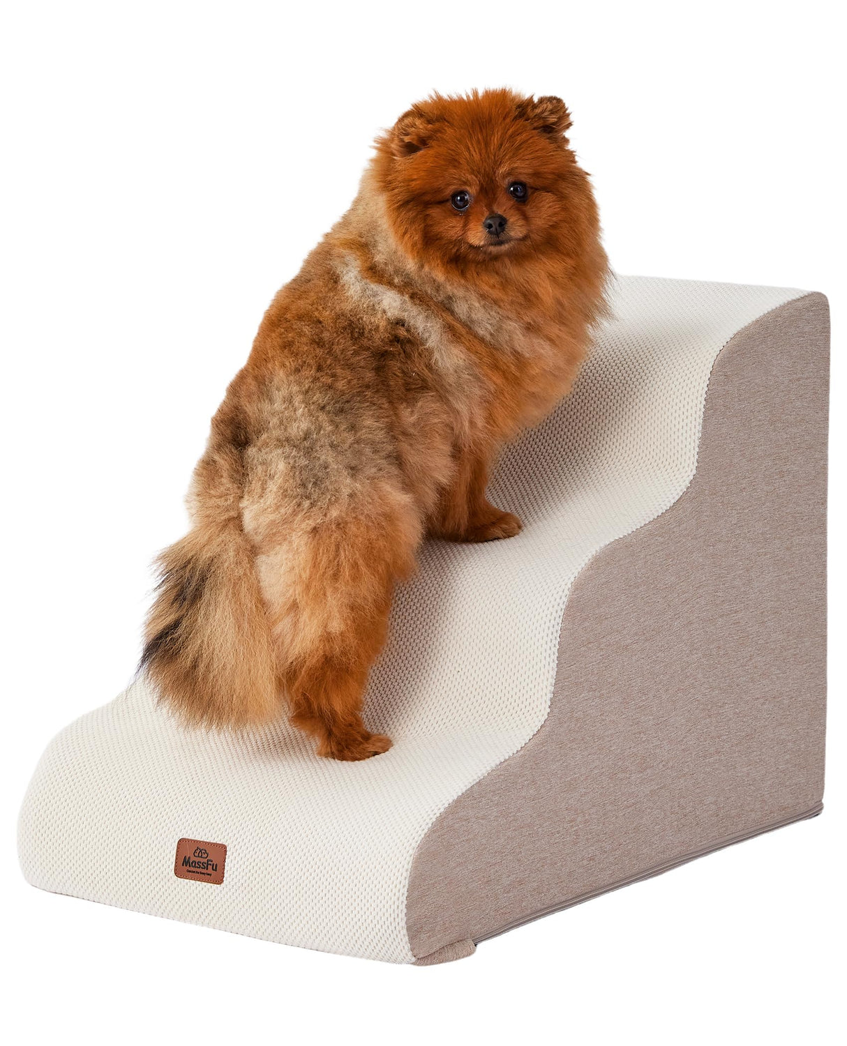 Beige Curved Dog Stairs Ramp for Small Dogs & Cats 17" H, 3-Step Dog Steps for Couch Sofa and Chair, Pet Stairs for Cats, Non-Slip Balanced Pet Steps
