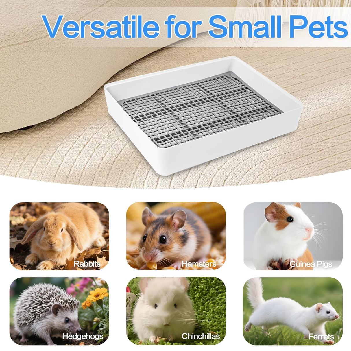 Seuqhck 2 Pack Rabbit Litter Box with Grate, Large Shallow Bunny Litter Box Tray Plastic Guinea Pig Training Pan for Small Animals, Hamster, Hedgehog, Chinchillas, 14.5 x 11.6 x 2.5 Inch