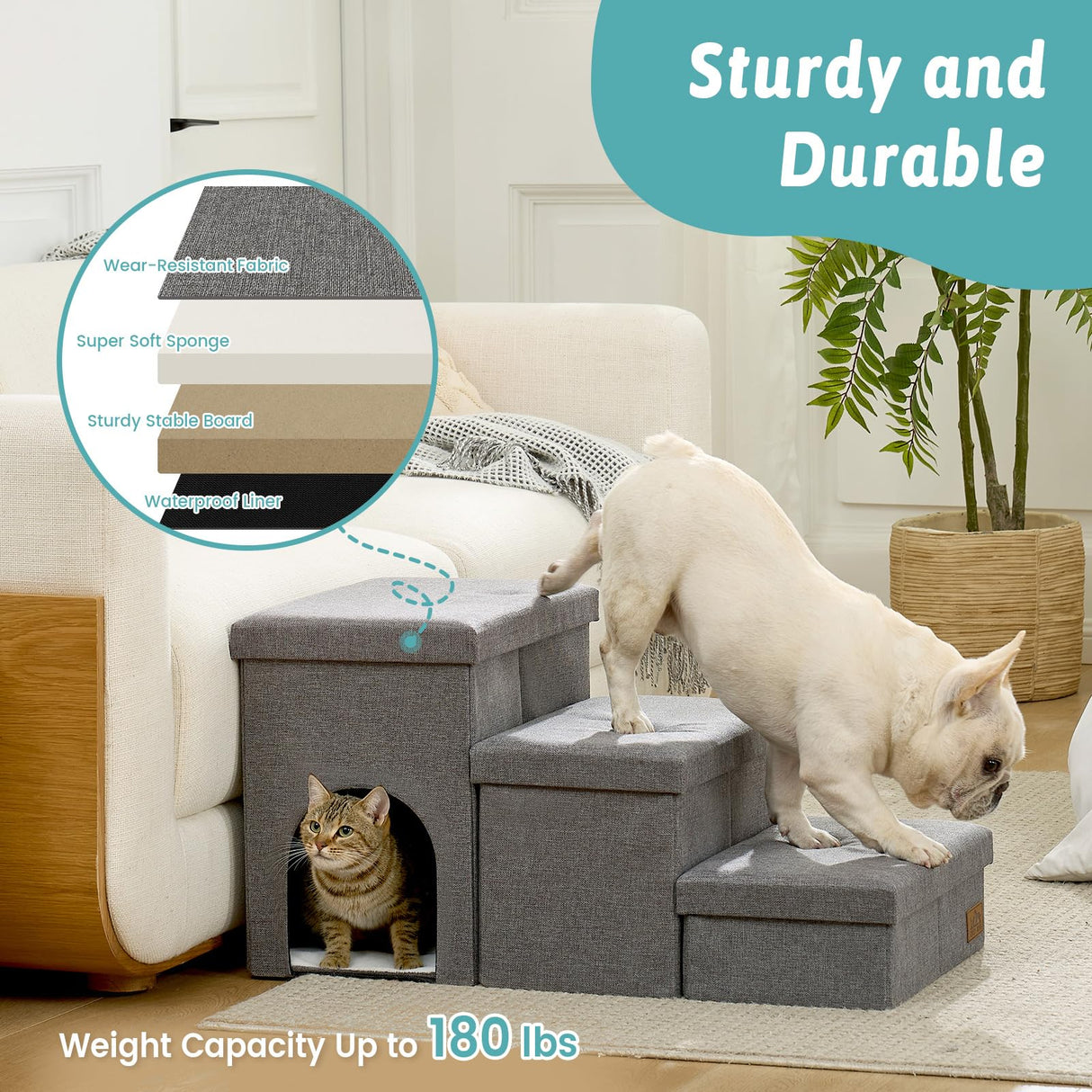 Dog Stairs with Storage, 4-Step Wider Sturdy Dog Steps for Small/Medium/Large Dogs and Older Cats, Doggie Ramp with Condo for Bed/Couch/Car Hold Up to 180 lbs (22.6" H, Grey)