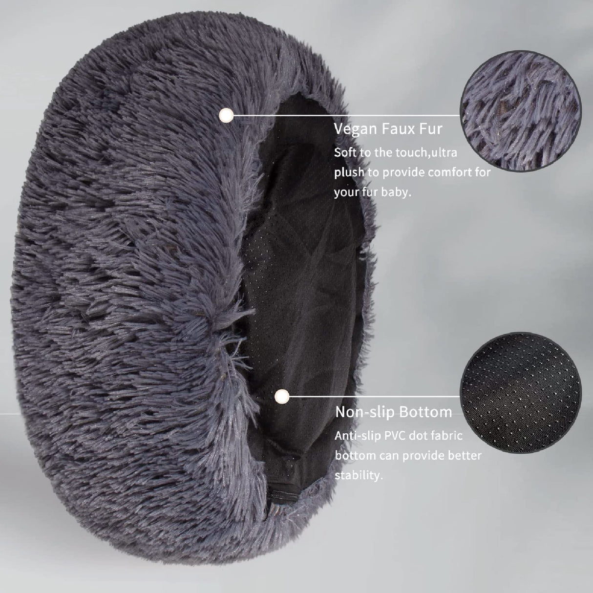 Calming Donut Dogs Beds for Small Dogs Washable,23inch Plush Round Pet Bed for Cozy Sleep,Fluffy Faux Fur Large Cat Bed,Fits up to 25 lbs Pets,Dark Grey