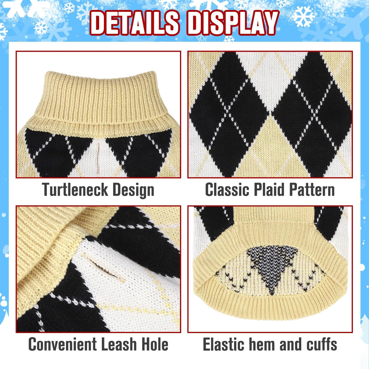 KOOLTAIL Dog Sweater, Knit Turtleneck Cold Weather Dog Sweaters for Small Medium Large Dogs, Soft Diamond Plaid Pullover Knitwear Dog Winter Warm Clothes, Pet Coat Puppy Sweater for Girls Boys L