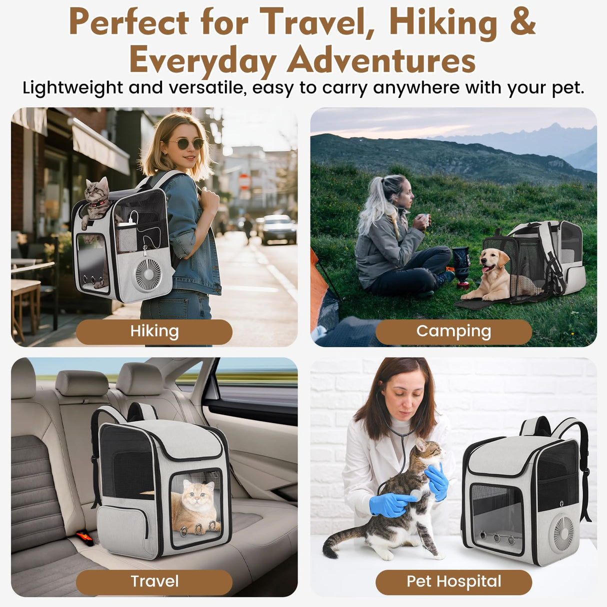 TTPet Pet Backpack Carrier with Built-in Cooling Fan & Heating Pad, Expandable Cat Carrier Backpack for Cats and Small Dogs, Ventilated Travel Backpack Carrier for Hiking/Outdoor/Vet Visits, Grey