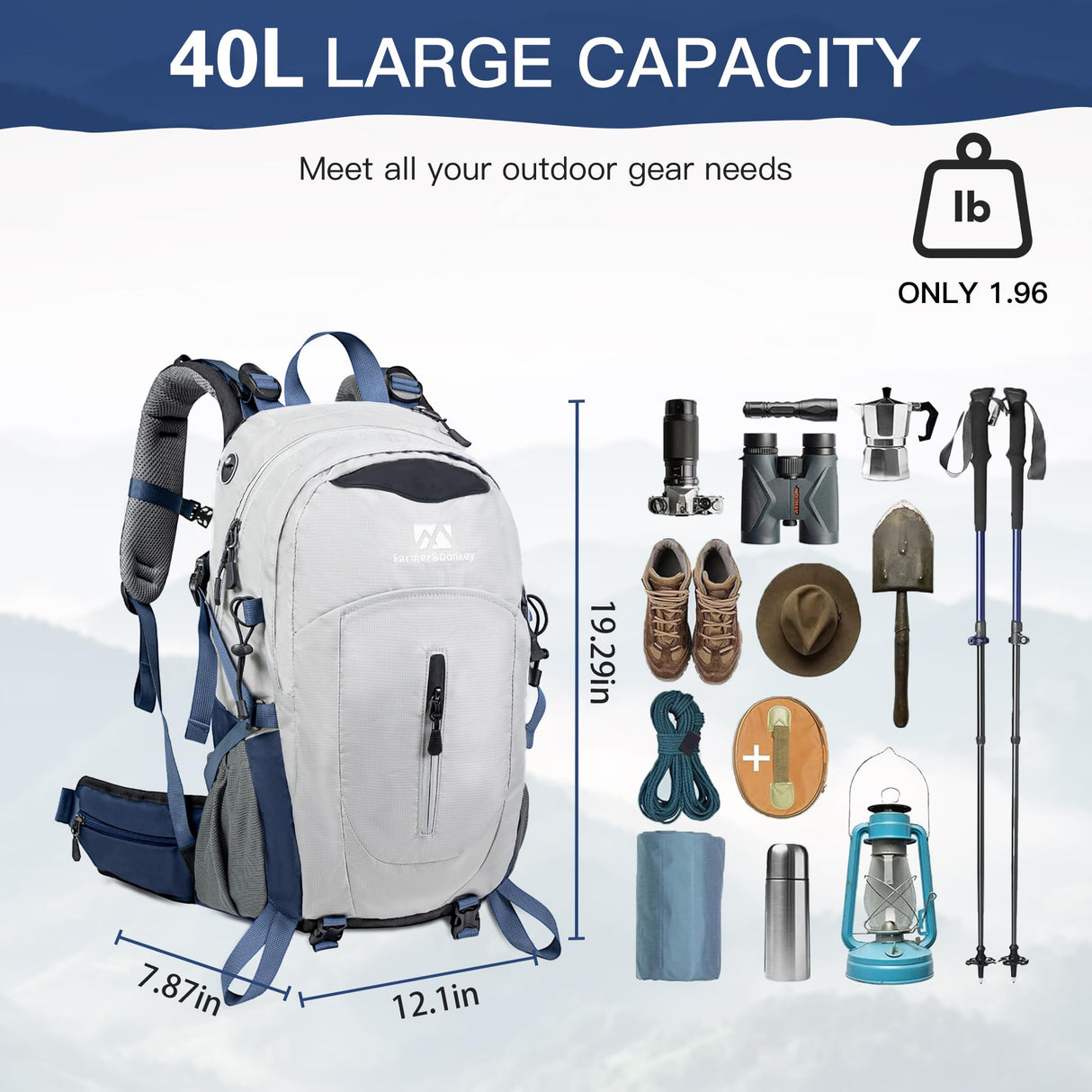 Farmer&Donkey Hiking Backpack, 40L Waterproof Camping Backpack with Packable Back Panel & Rain Cover, Men Women Rucking Backpacking Backpack Outdoor Sport Lightweight Travel Daypack for (Grey)
