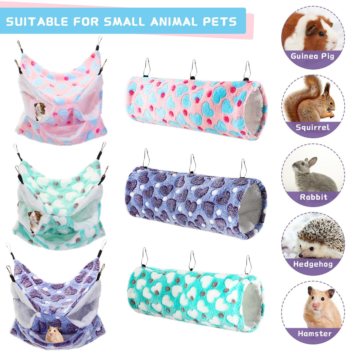Sweetude 6 Pcs Rat Hammock Set Ferret Hanging Tunnel 3 Tier Guinea Pig Hammocks Hideout Soft Chinchilla Bed for Cage Accessories Hide,Play and Sleep(Lovely,Heart)