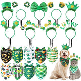 Wavwavw 18 Pcs St Patricks Day Dog Headband Green Shamrock Dog Bandanas Costume Buffalo Plaid Triangle Pet Scarf Adjustable Head Bopper Holiday Pet Costume Accessories for Dogs Puppy Cats Outfit Decor