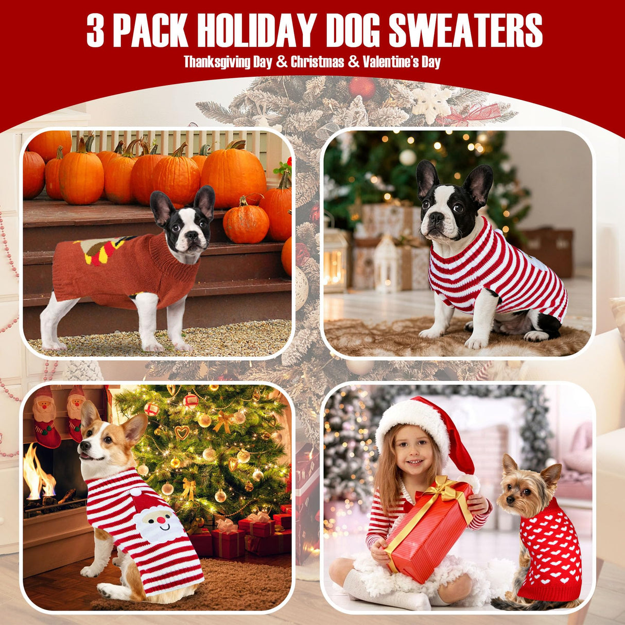 PAYHTOW 3 Pack Thanksgiving Christmas Valentine Dog Sweater, Knit Holiday Dog Sweater Thanksgiving Fall Warm Sweaters Outfit Clothes for Small Medium Large Dogs Pets (Turkey & Santa & Heart, X-Large)