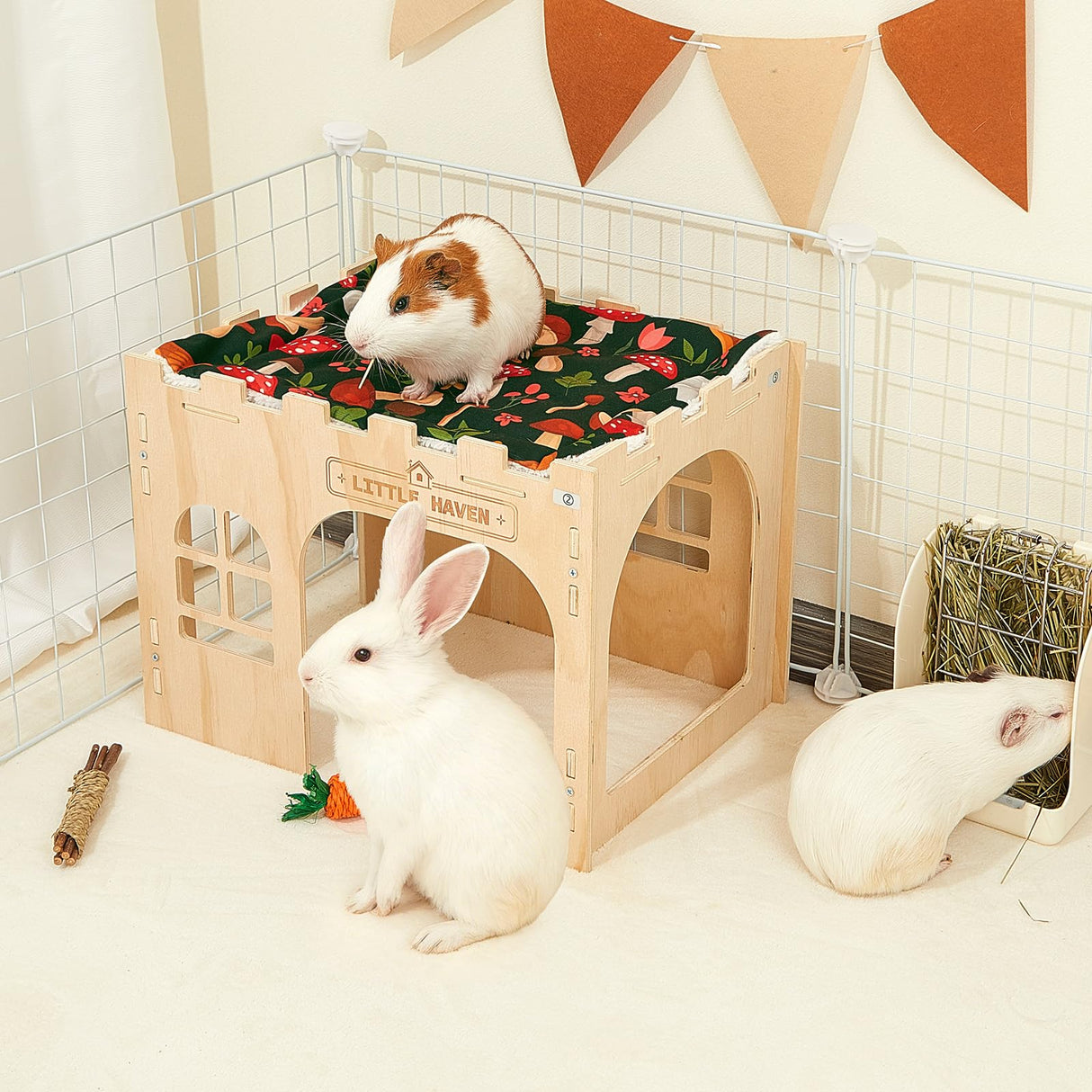 Glittme Wooden Rabbit Castle Hideout - Large Indoor Bunny House & Guinea Pig Hut with Roof Platform Bed Enrichment Cage Accessories for Chinchilla Ferret (Mat Included)