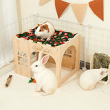 Glittme Wooden Rabbit Castle Hideout - Large Indoor Bunny House & Guinea Pig Hut with Roof Platform Bed Enrichment Cage Accessories for Chinchilla Ferret (Mat Included)