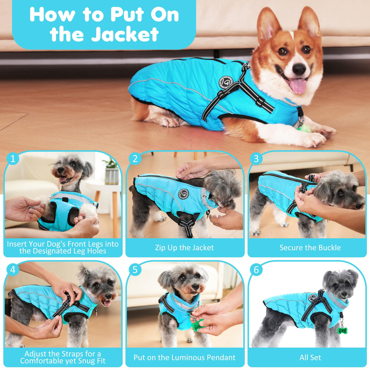 HezzLuv Waterproof Dog Jacket with Built-in Harness, Winter Snow Dog Warm Coat for Small, Medium Dogs, Cold Weather Cozy Vest Clothes with Luminous Pendant and Reflective Strips, Adjustable Straps