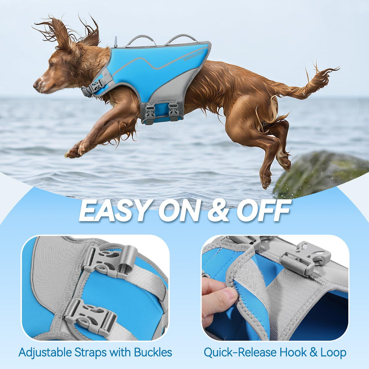 VIVAGLORY Neoprene Dog Life Vest, Dog Life Jacket for Swimming & Boating, Lightweight & Buoyancy for Puppy Doggy, Swimming Vest with Handle, L, Blue