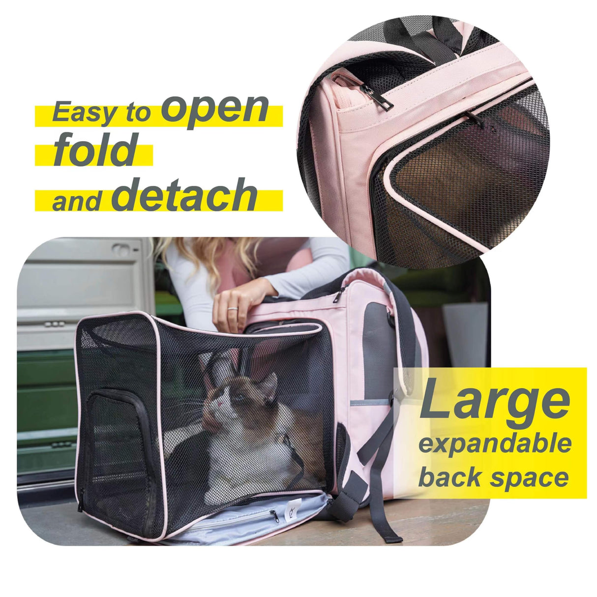 Wildgogo Expandable Pet Carrier, Airline-Approved Foldable and Detachable Backpack, Fits 13lbs Cat&11lbs Small Puppy Dog, for Car Travel,Camping and Emergency Transportation and Shelter (Pink)