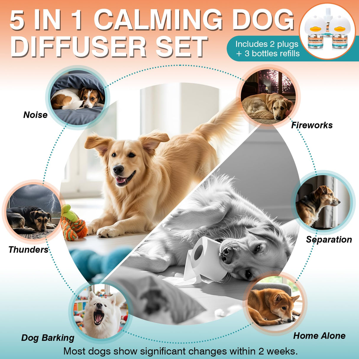 JTEWZX Calming Pheromones Dog Diffuser to Calm Pet Advanced 5 in 1 Kit Appeasing Pheromone Diffuser for Anxiety Relief (2 Plug in+3 Pack 48ml Refill) Reduce Aggression Fighting Barking Stress