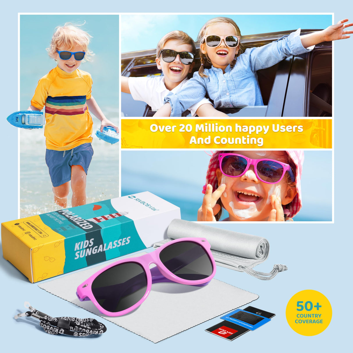 RIVBOS Kids Sunglasses Polarized UV Protection Flexible Rubber Glasses Shades with Strap for Boys Girls Pink