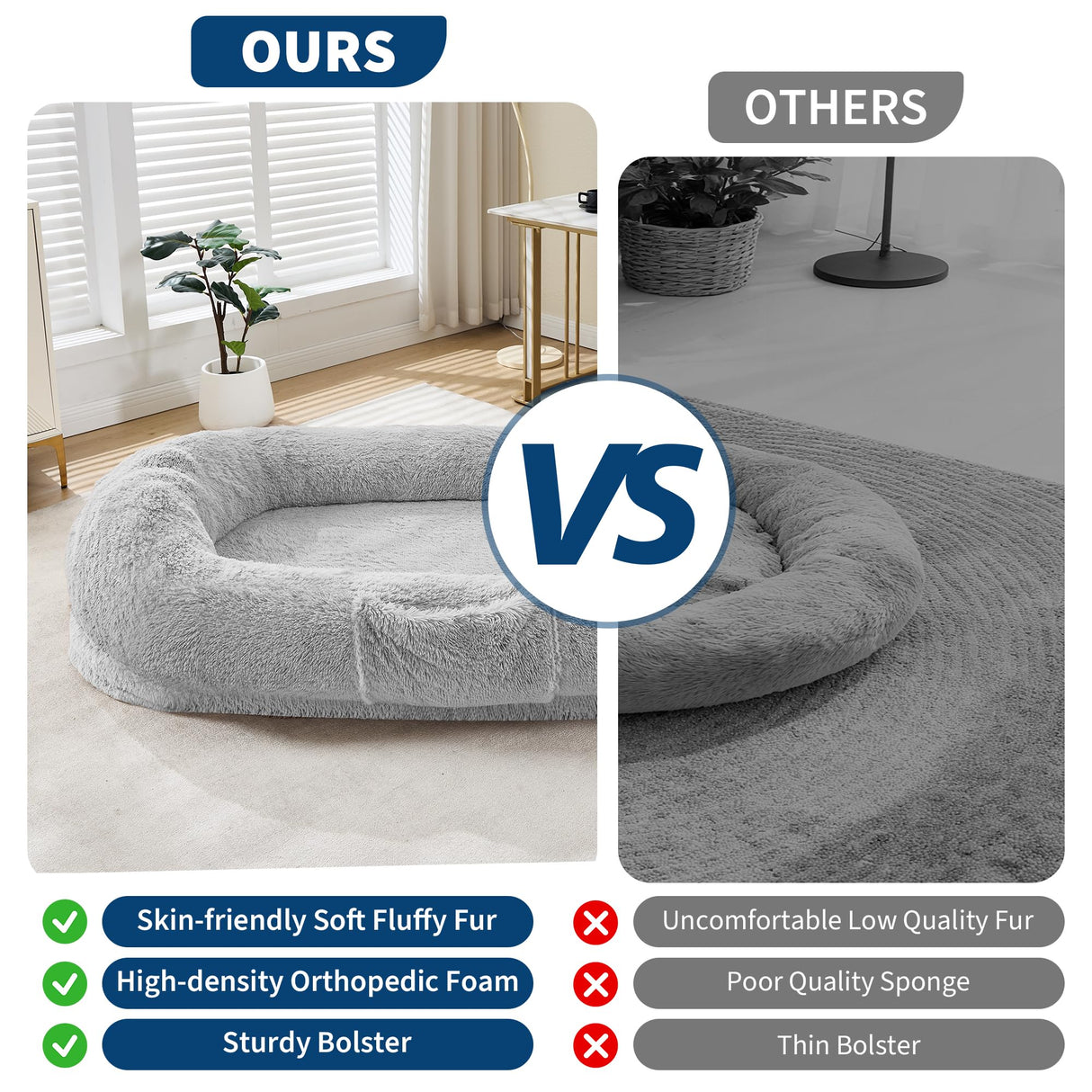 Human Dog Bed for Adult, 64.9" x 41.3" Large Giant Orthopedic Memory Foam Nap Bed for People Pets, Washable Faux Fur Cover with Side Pocket Waterproof for Anxiety Relief