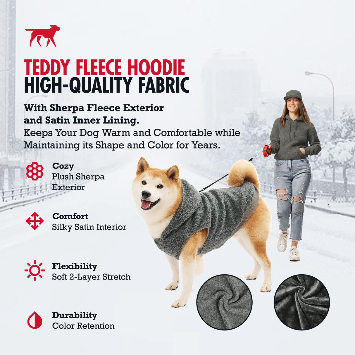 Tuff Pupper Fleece Dog Hoodie Sweater | Teddy Sherpa Outer & Soft Polar Fleece Lining | Adjustable Fit Winter Coat with Hood, Leash Hole, Ribbed Cuffs | for Small Medium Large XL XXL Dogs (Grey, XXL)