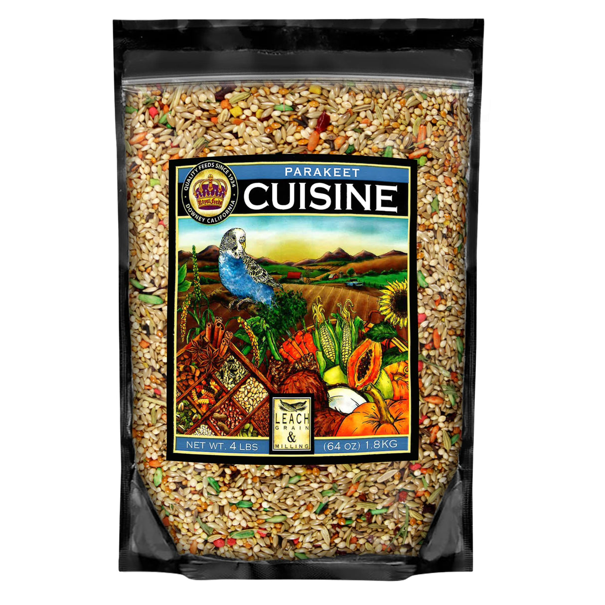 LEACH GRAIN & MILLING CO. Parakeet Cuisine Bird Food, 4 lb Bag Premium Parakeet Seed Mix with Grains, Millet, and Nutrients, Healthy Daily Diet for Parakeets, Budgies, Small Parrots & Pet Birds