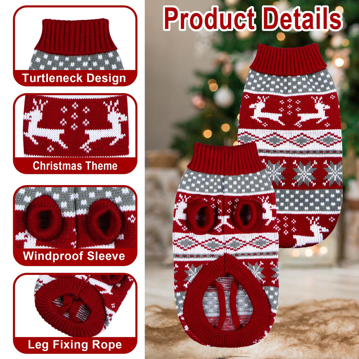 GOYOSWA Dog Christmas Sweater Pet Winter Warm Coat Pajamas Small Dog Sweaters Reindeer Snowflake Christmas Sweater for Large Cats Small Dogs (Reindeer, XL)
