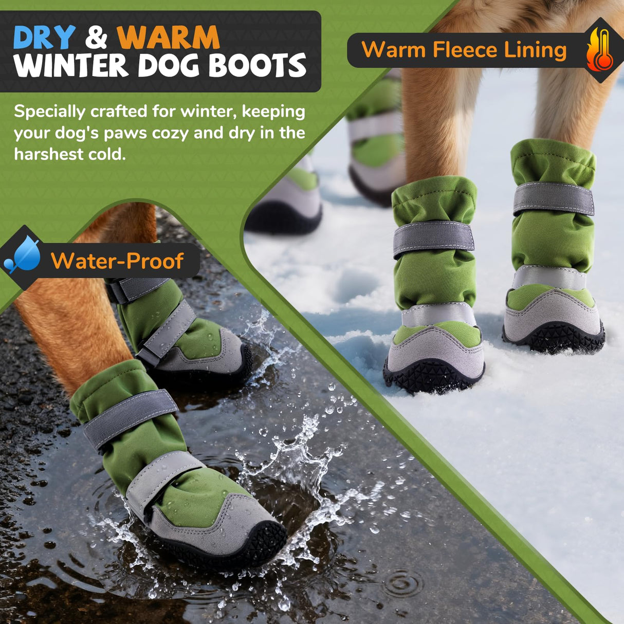 Winter Dog Snow Boots with Fleece Lining, Dog Shoes for Medium Large Size Dogs, Waterproof Dog Booties and Paw Protectors, Anti-Slip & Reflective Dog Shoes for Snow Outdoor, Hiking (Green-Size 3)