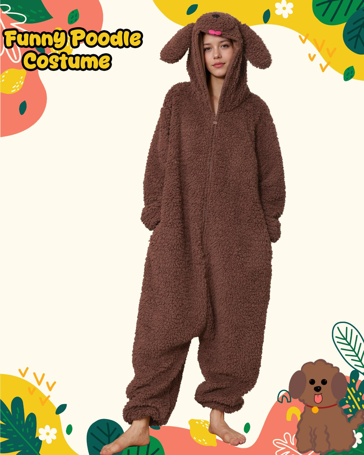 Hrxcrzco Unisex Poodle Dog Onesie Pajamas Cute Puppy Dog Costume Adult Halloween Animal Cosplay Costume Sleepwear Homewear, Dark Brown L