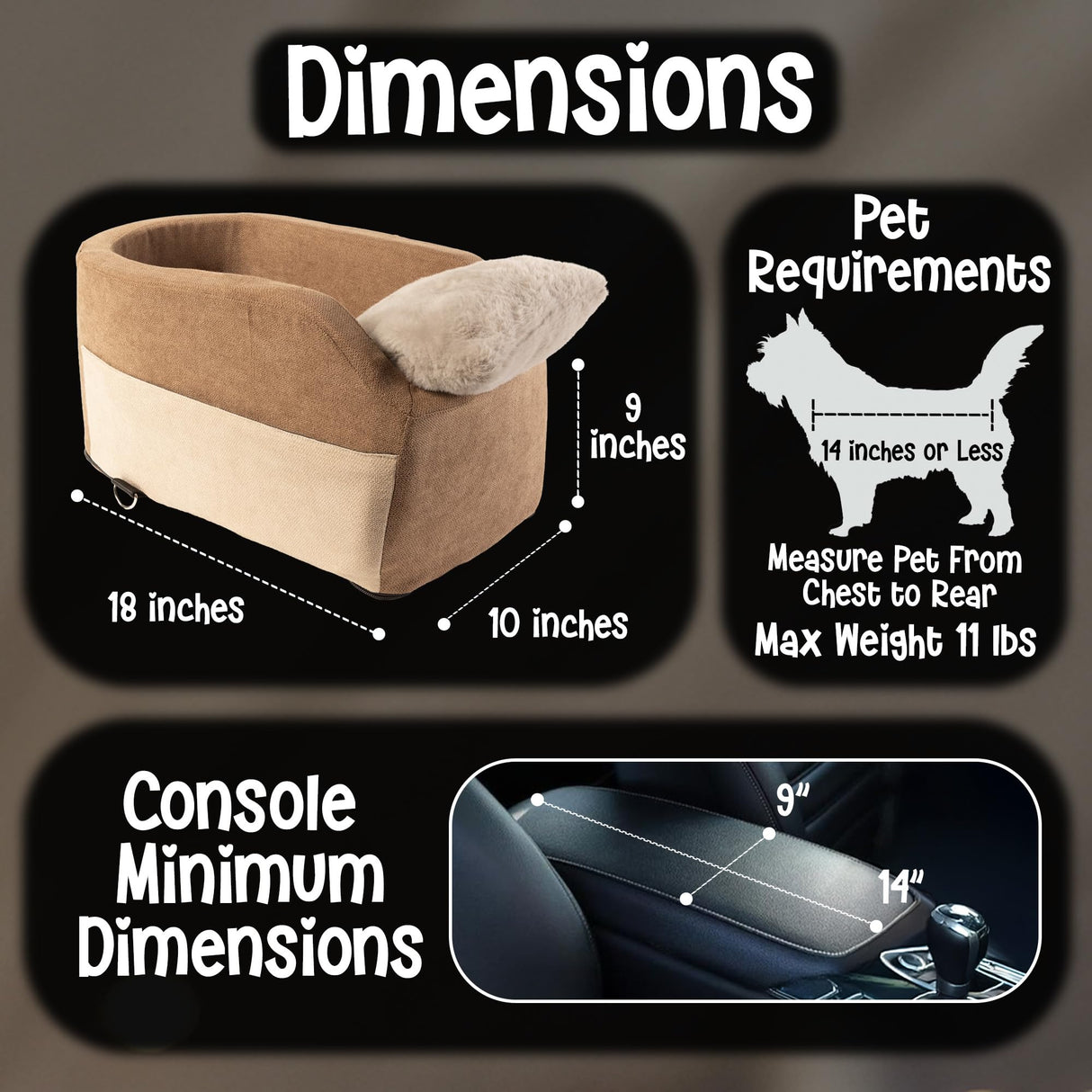 Center Console Dog Car Seat | 11 lbs MAX | Safety Straps & Leash | Comfortable Foam and Plush Pillows | Adjustable Mount Design | Large Storage Pockets | Perfect for Small Pets & Cats (Brown)