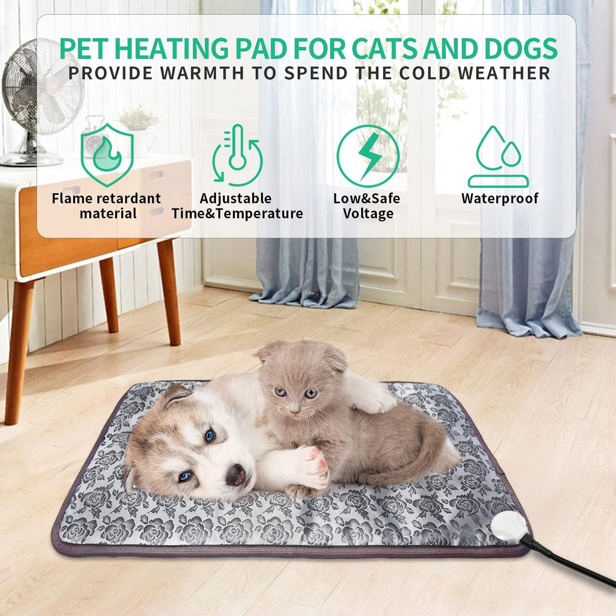 RC SLL Cat Heating Pad, (18×18 in) Pet Heating Pad for Cats Puppy Heated Dogs Blanket with Timer(1-24H),Waterproof Heated Cat Blanket with Chew Resistant Steel Cord