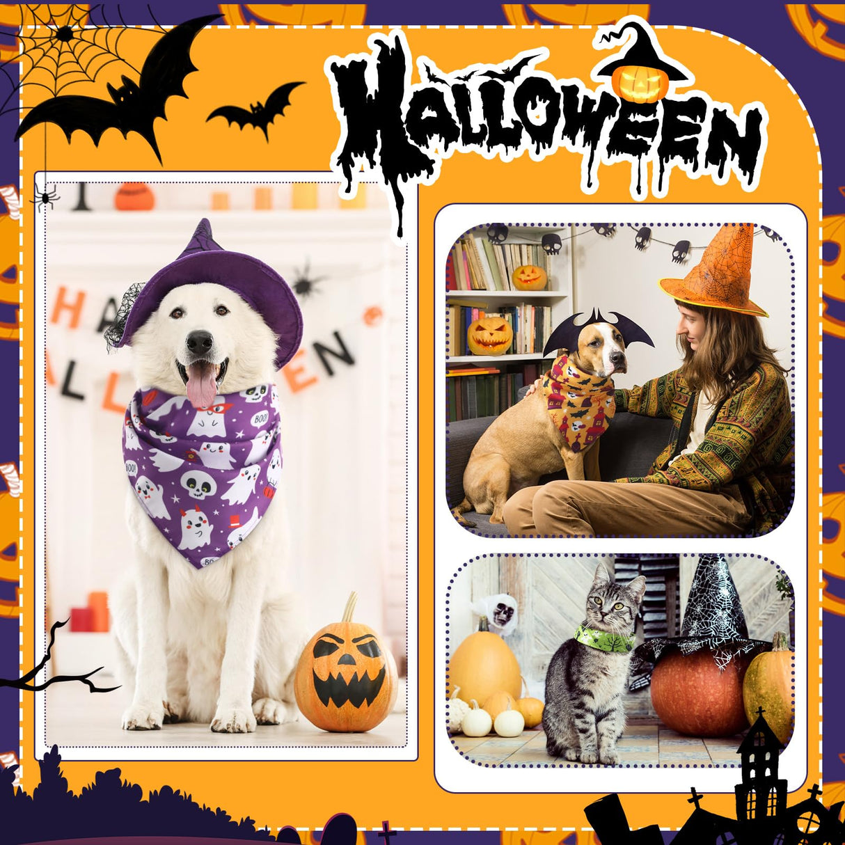 Huhumy 100 Pcs Halloween Dog Bandanas Bulk Pumpkin Ghost Bat Dog Scarf Triangle Pet Neckerchief Bibs Adjustable Washable Pumpkin Puppy Costume Accessories for Grooming Supplies Small to Large Dogs Cat