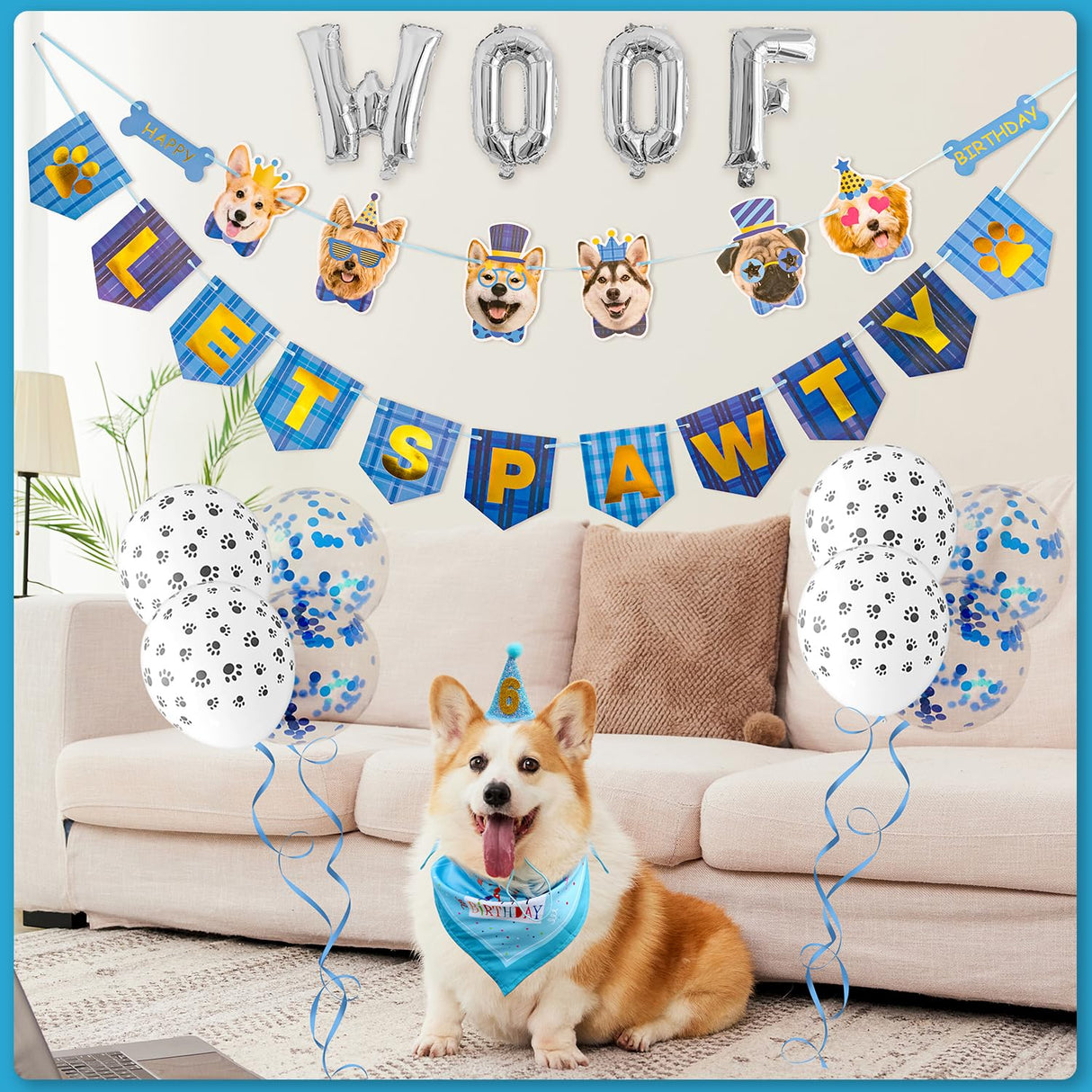Zaabaazina Dog Party Supplies - Blue Dog Bandana, Birthday Hat, Banner, Balloons for PAWTY & WOOF Decorations